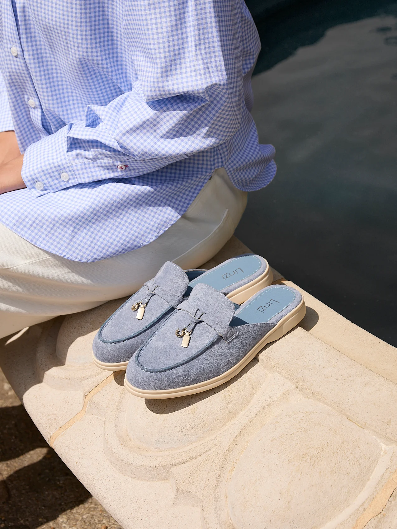 Alix Pale Blue Faux Suede Slip On Mules - Image 6