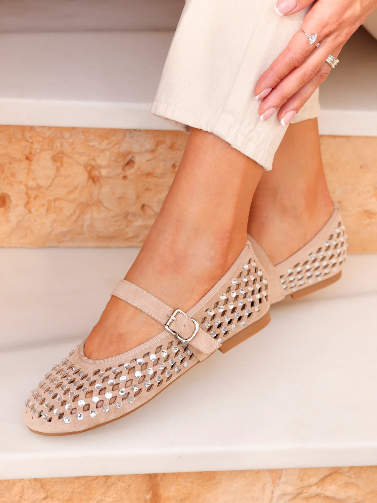 Delicate Nude Suede Ballet Pumps - Image 7