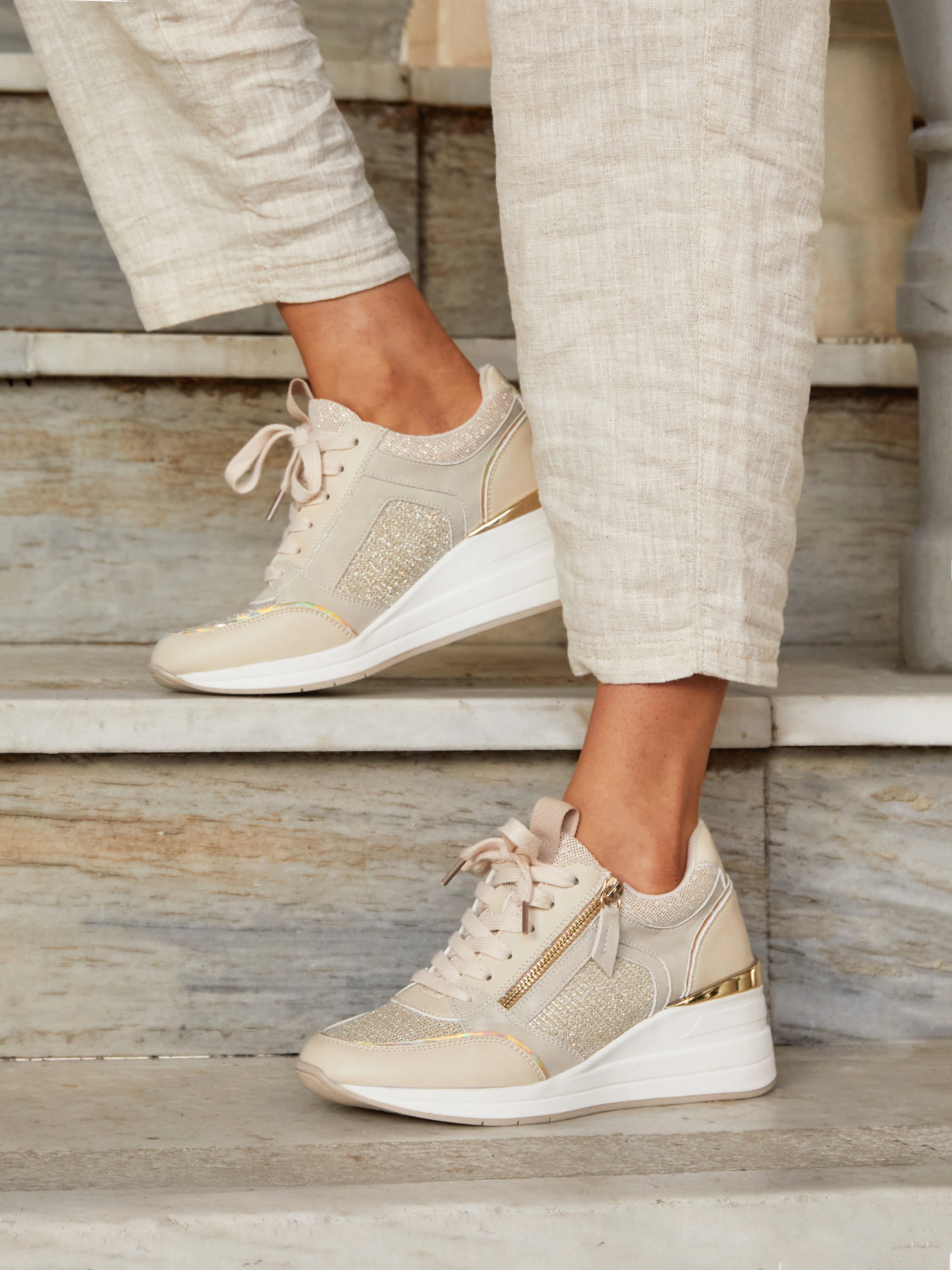 Everett Gold & Nude Wedged Trainers - Image 7