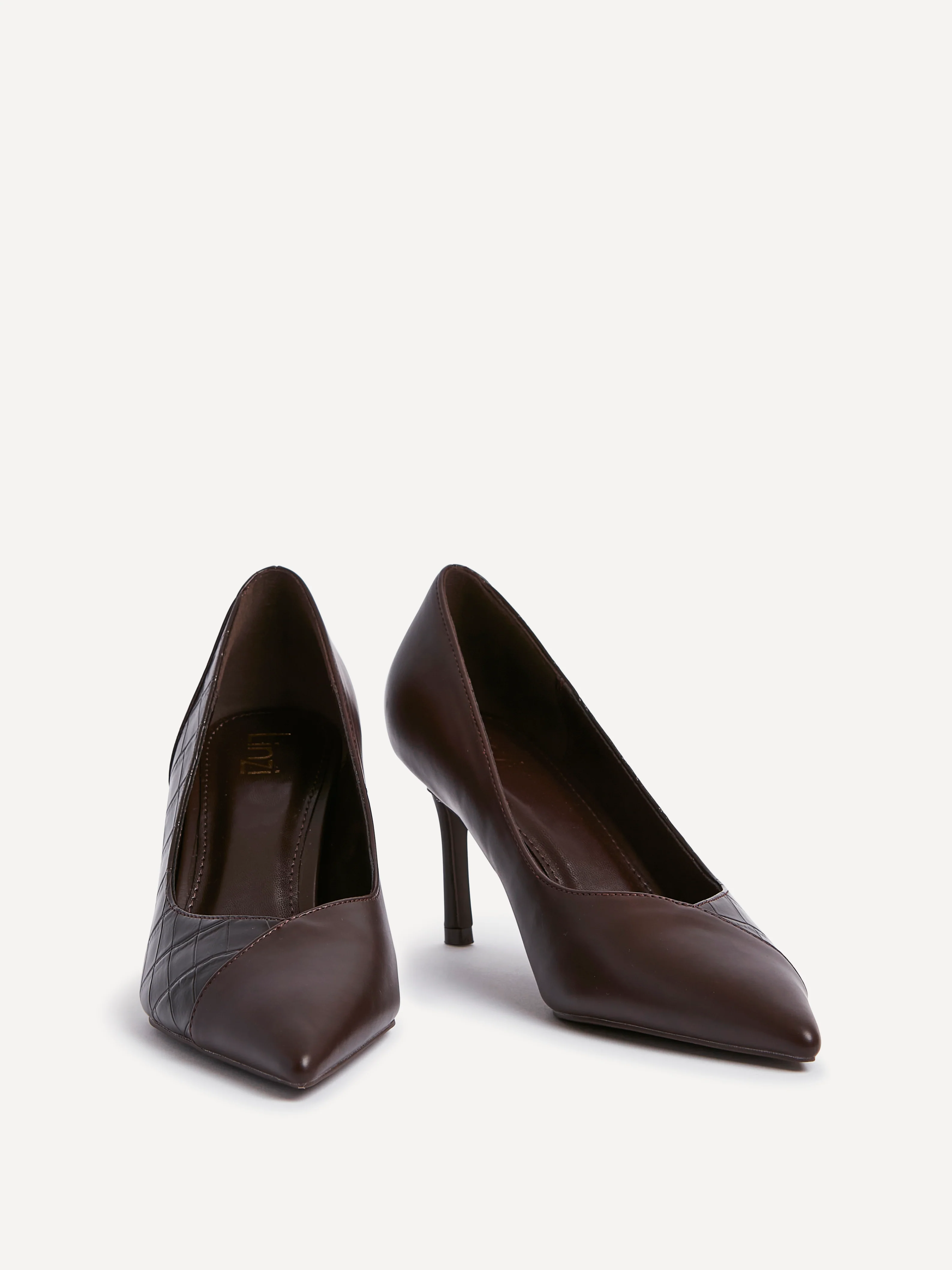 Gaia Brown Faux Leather Mix Croc Court Heel - Image 3