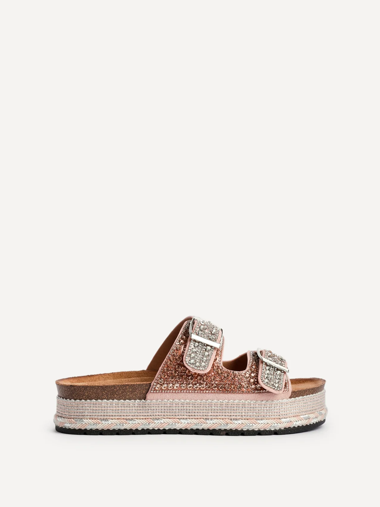 Glitzy Rose Gold Diamante Flatform Slider Sandals - Image 2