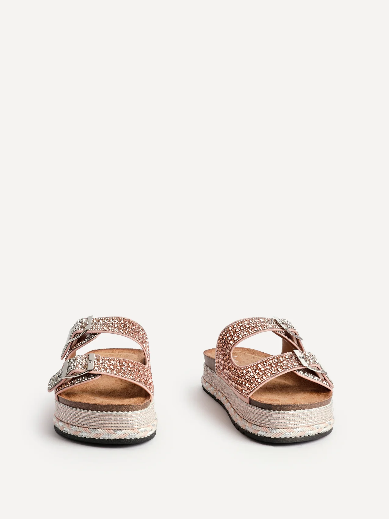 Glitzy Rose Gold Diamante Flatform Slider Sandals - Image 3