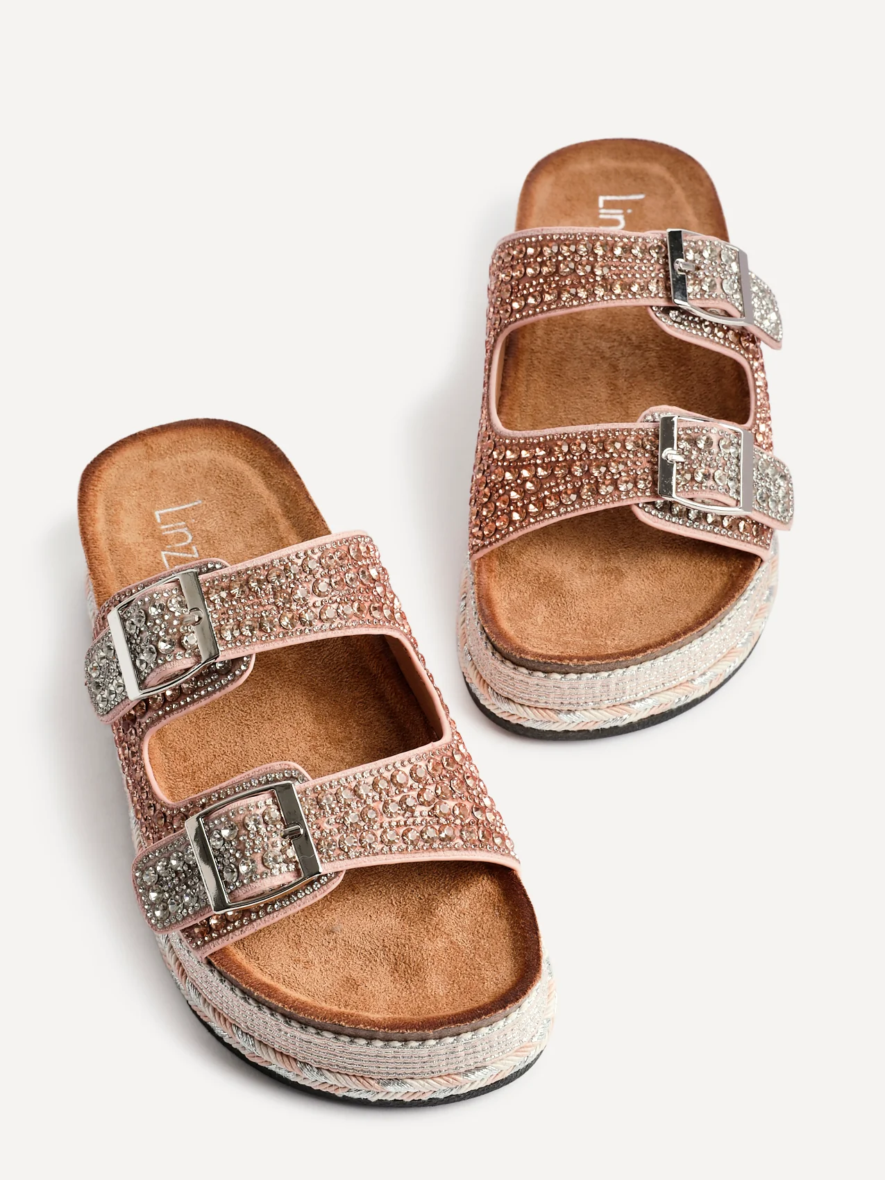 Glitzy Rose Gold Diamante Flatform Slider Sandals - Image 4