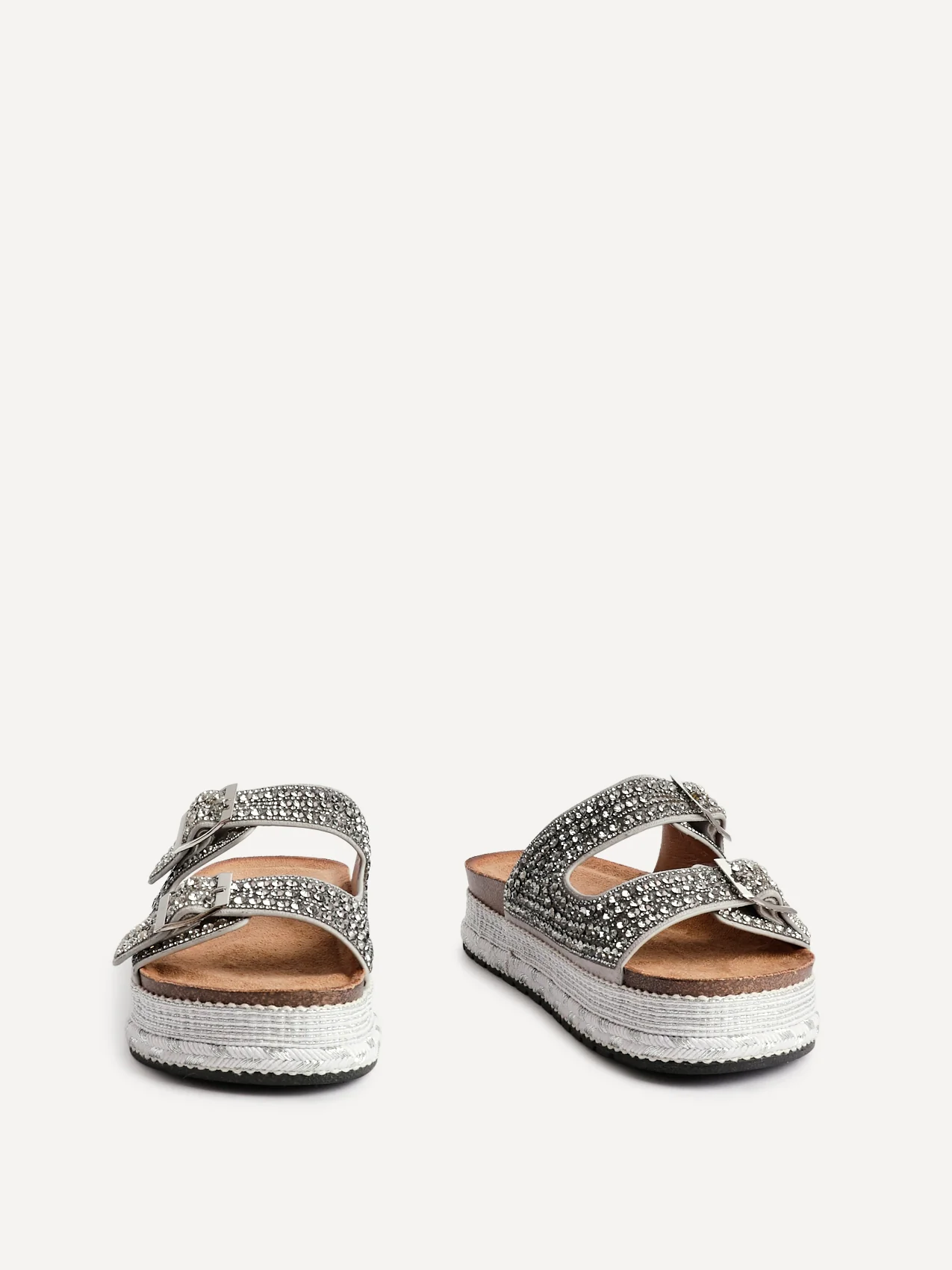 Glitzy Silver Diamante Flatform Slider Sandals - Image 3