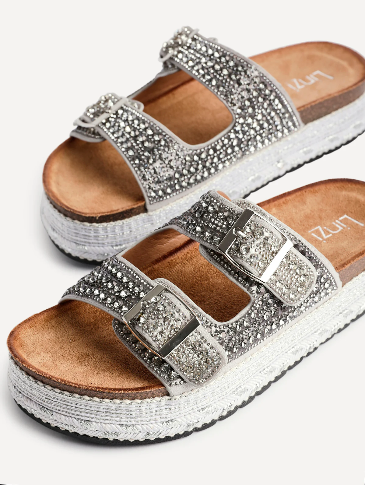 Glitzy Silver Diamante Flatform Slider Sandals - Image 4