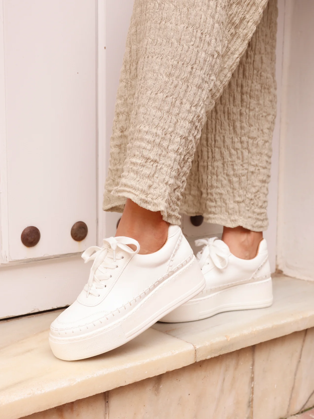Harlem White Faux Leather Platform Trainer - Image 7