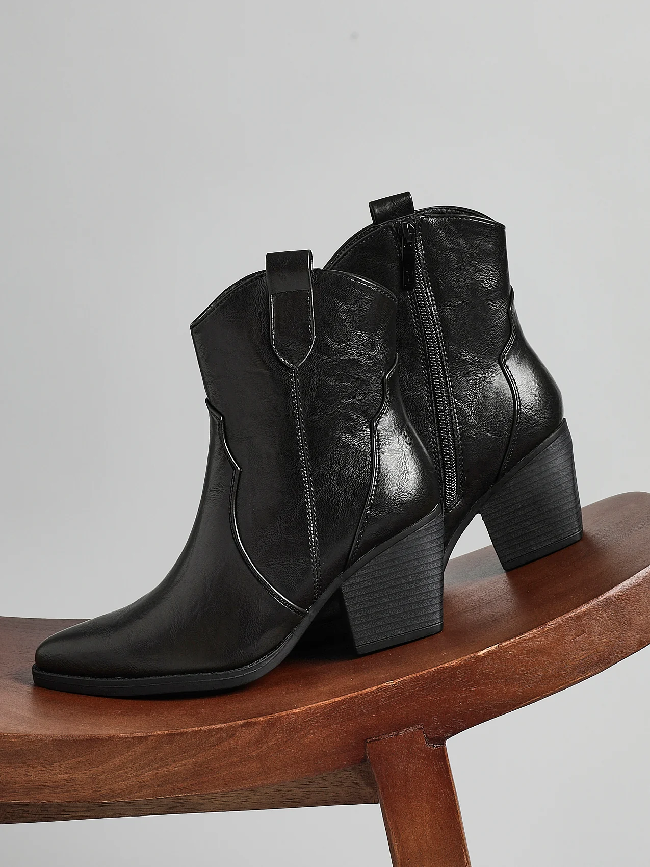 Jessie Black Faux Leather Cowboy Ankle Boots