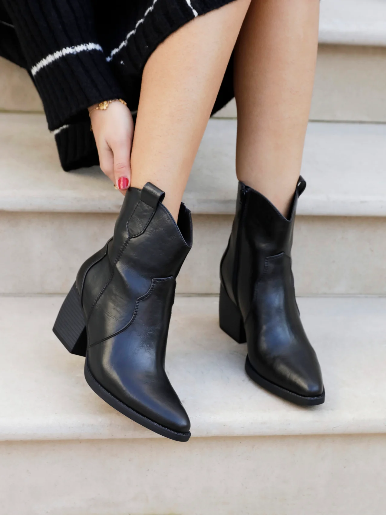 Jessie Black Faux Leather Cowboy Ankle Boots - Image 7