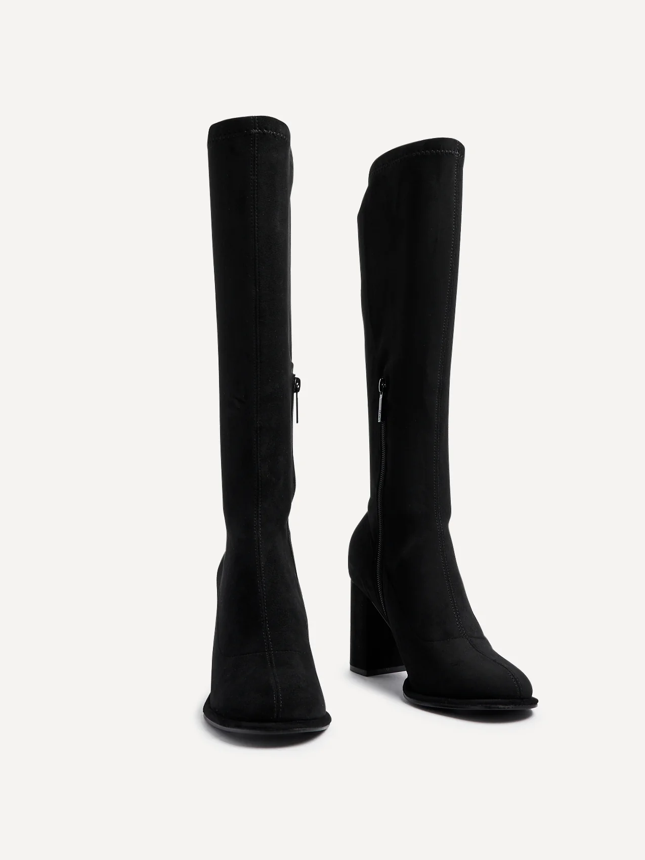 Kylie Black Stretch Long Block Heeled Boots - Image 3