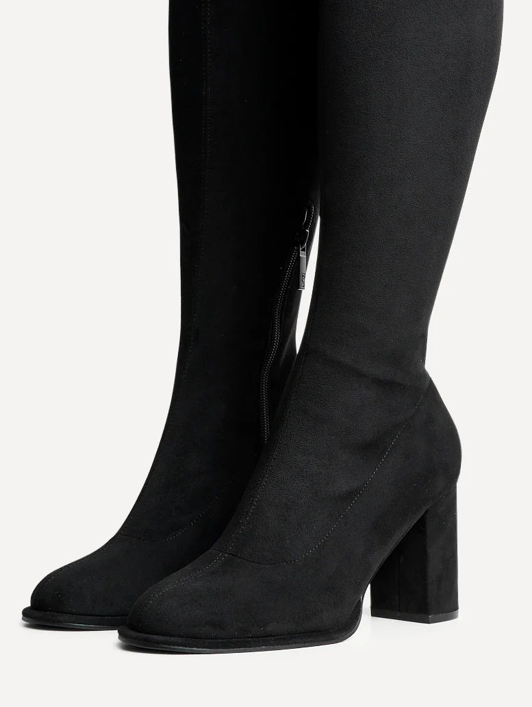 Kylie Black Stretch Long Block Heeled Boots - Image 4