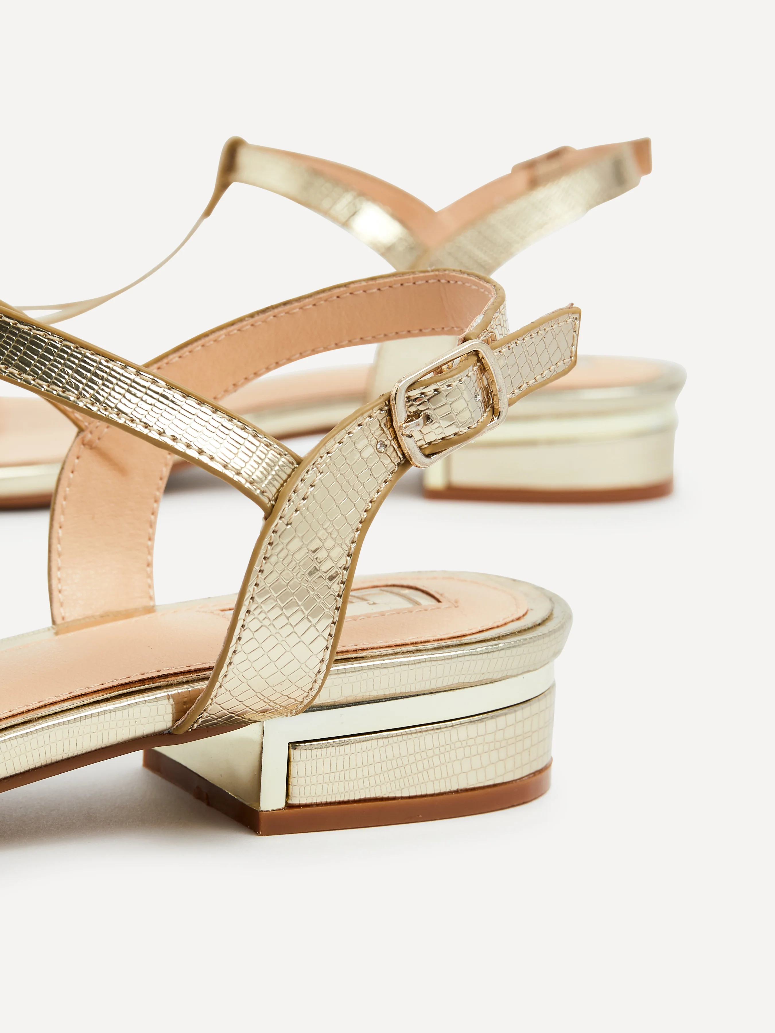 Lavish Gold T-Bar Low Block Heeled Sandals - Image 5