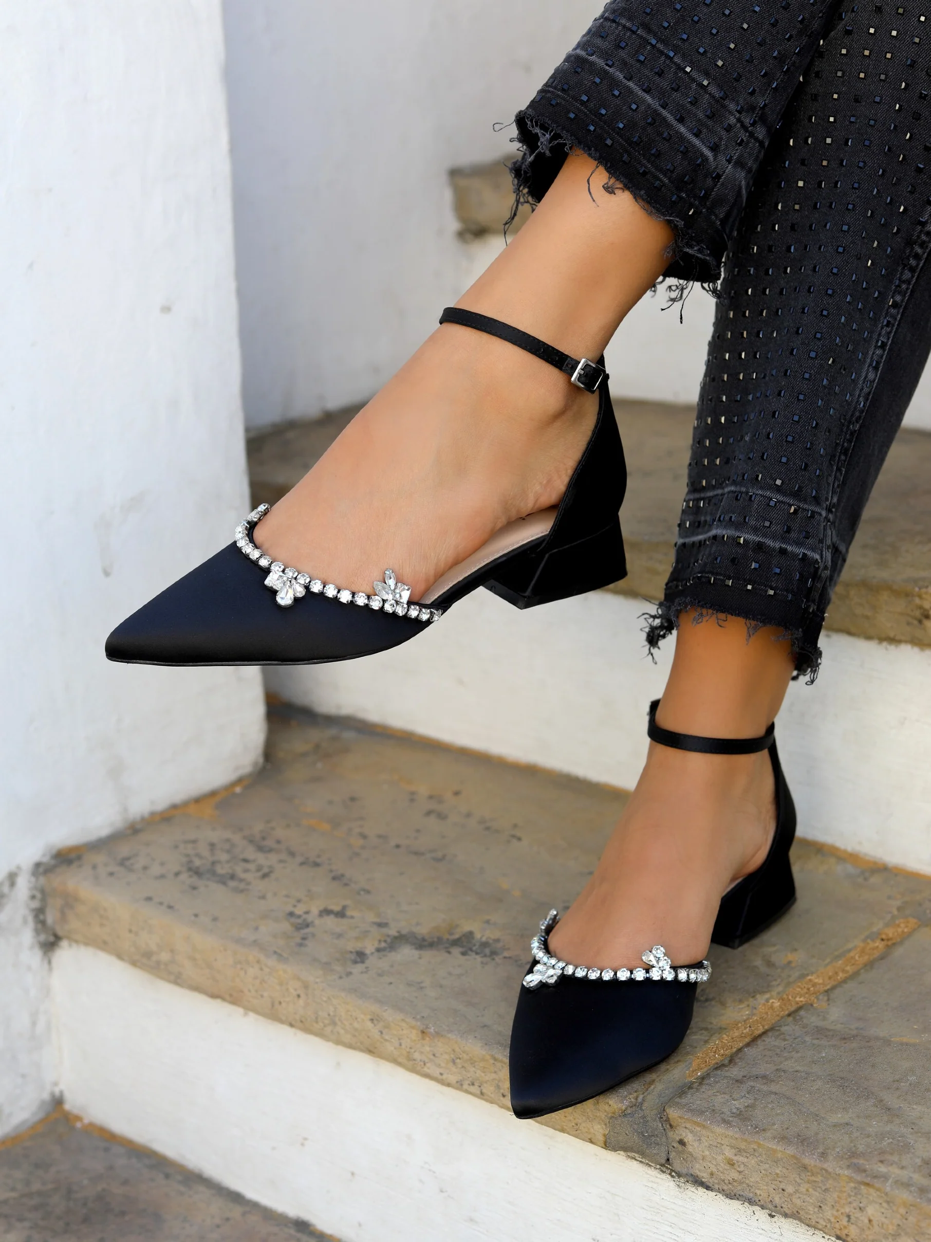 Lucia Black Satin Low Court Heel - Image 6