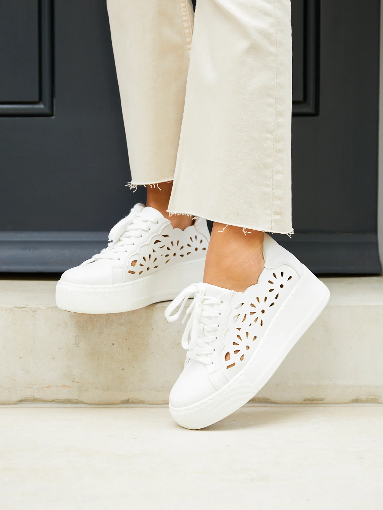 Mallory White Floral Faux Leather Trainers - Image 6