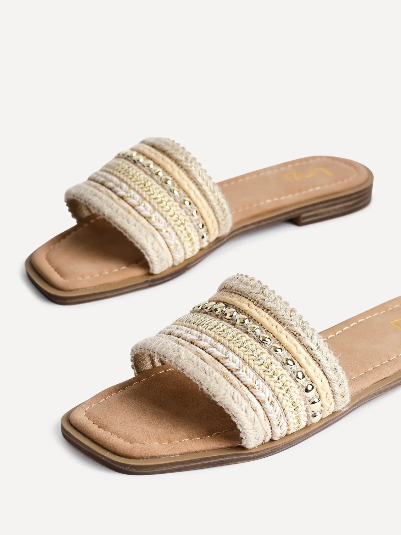Mariel Natural Embellished Flat Sandals - Image 4
