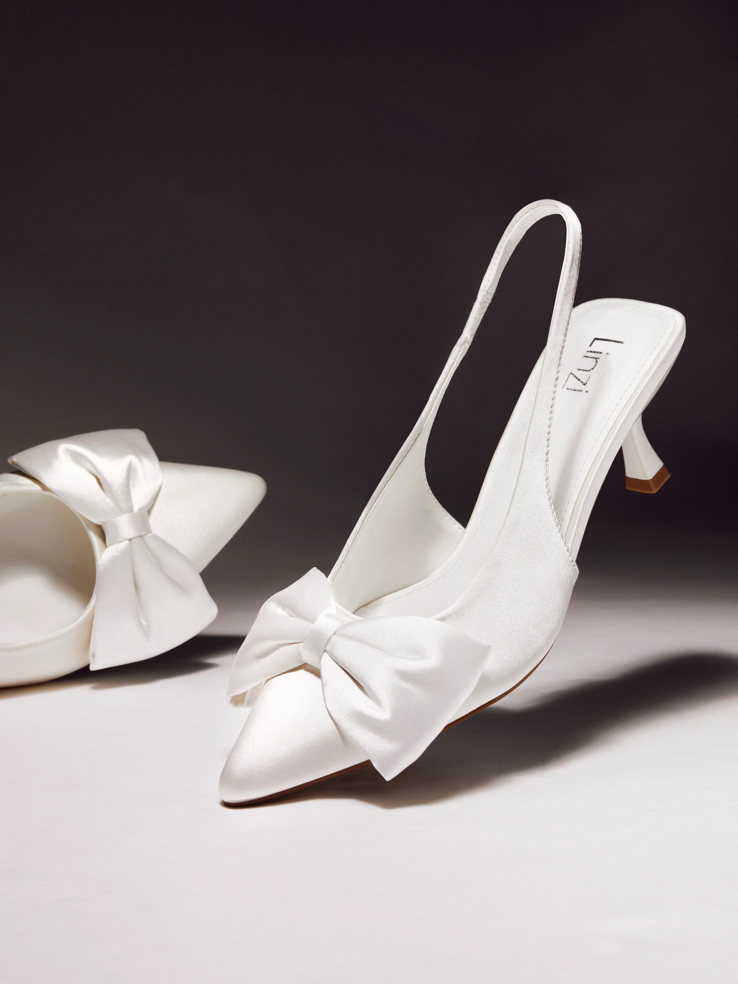 Merlot Bridal White Satin Bow Court Heels - Image 6