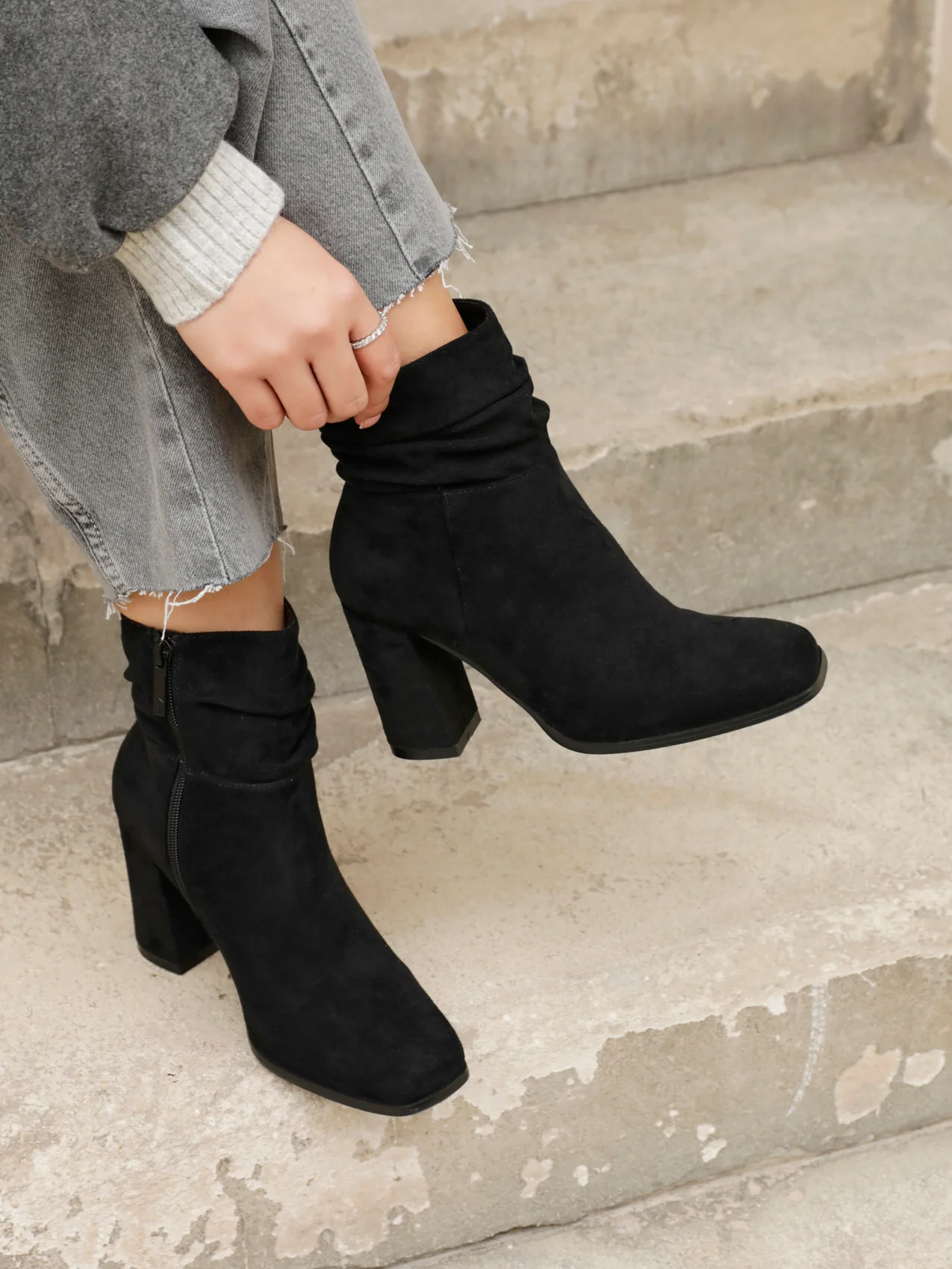 Mila Black Suede Heeled Ruched Ankle Boots - Image 6