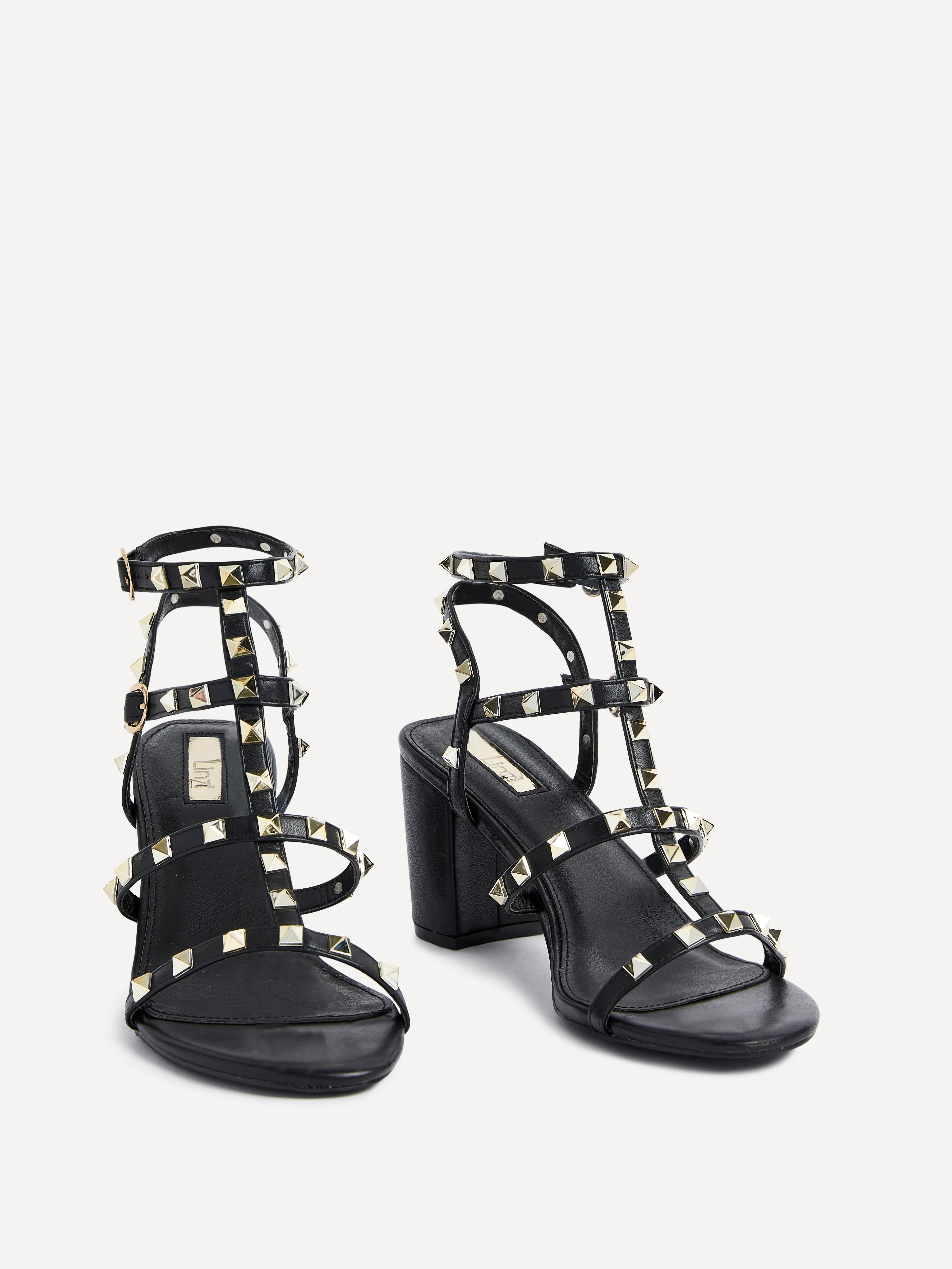 Tessa Black & Gold Studded Block Heel Sandals - Image 3