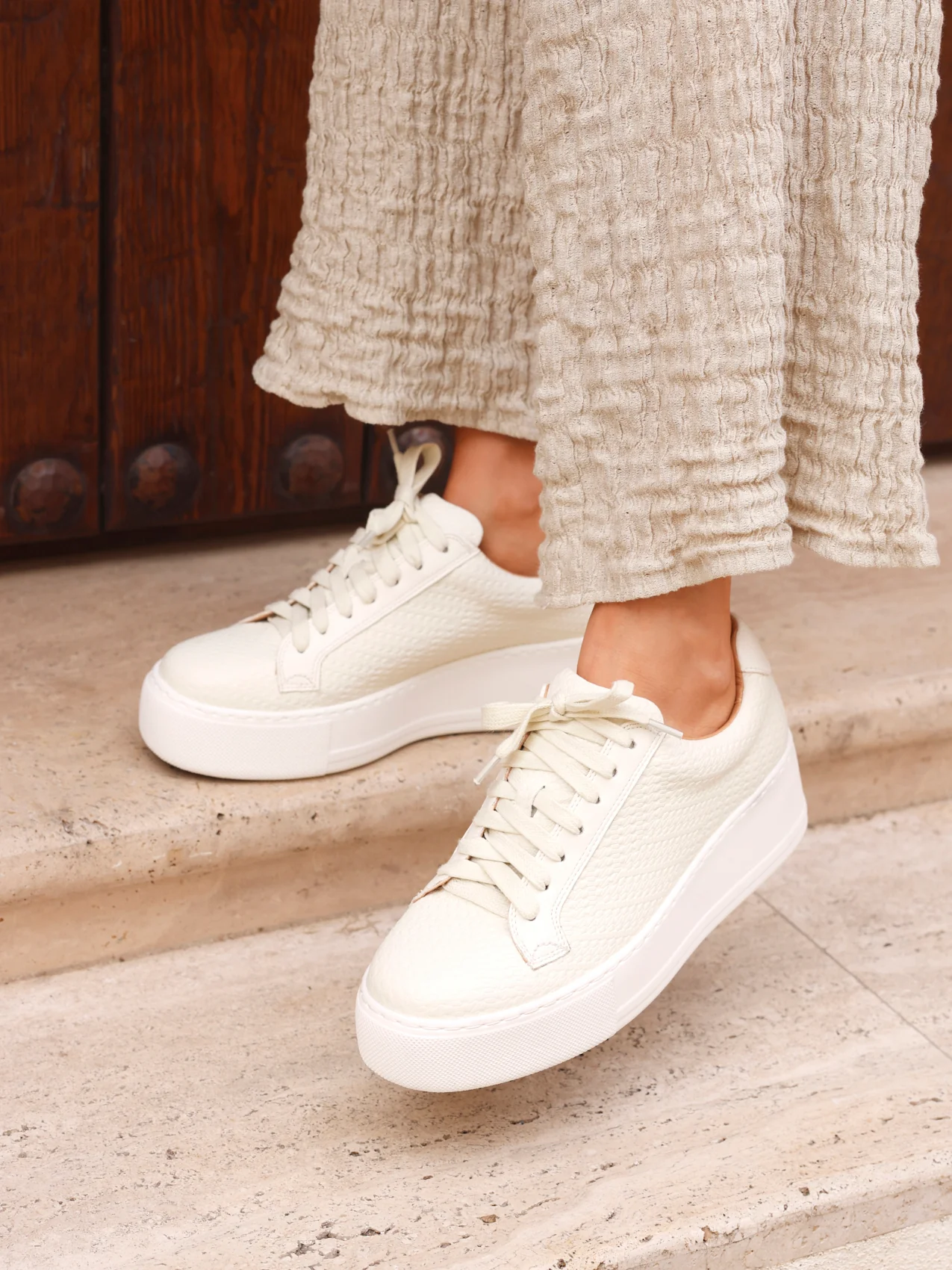 Twyla Cream Faux Leather Trainers - Image 7