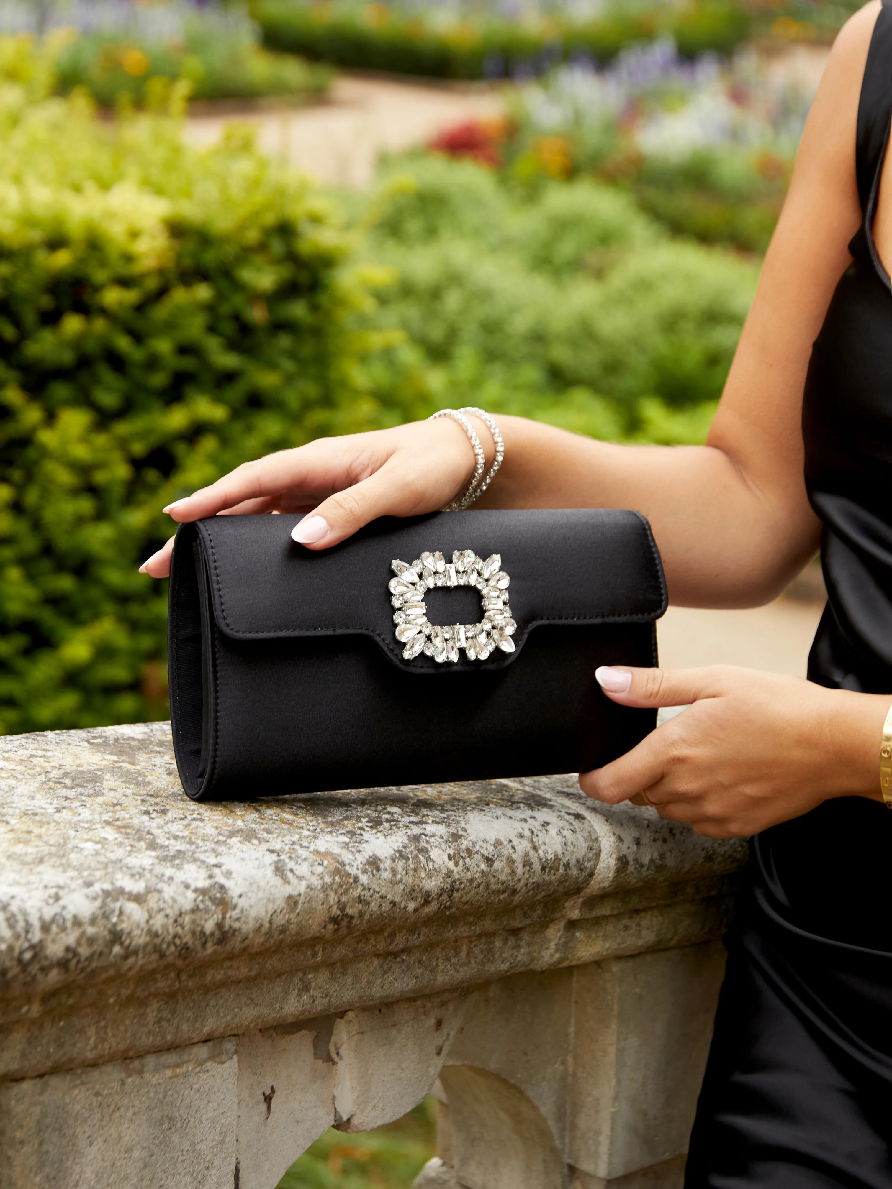 Wonder Black Satin Diamante Clutch Bag - Image 5