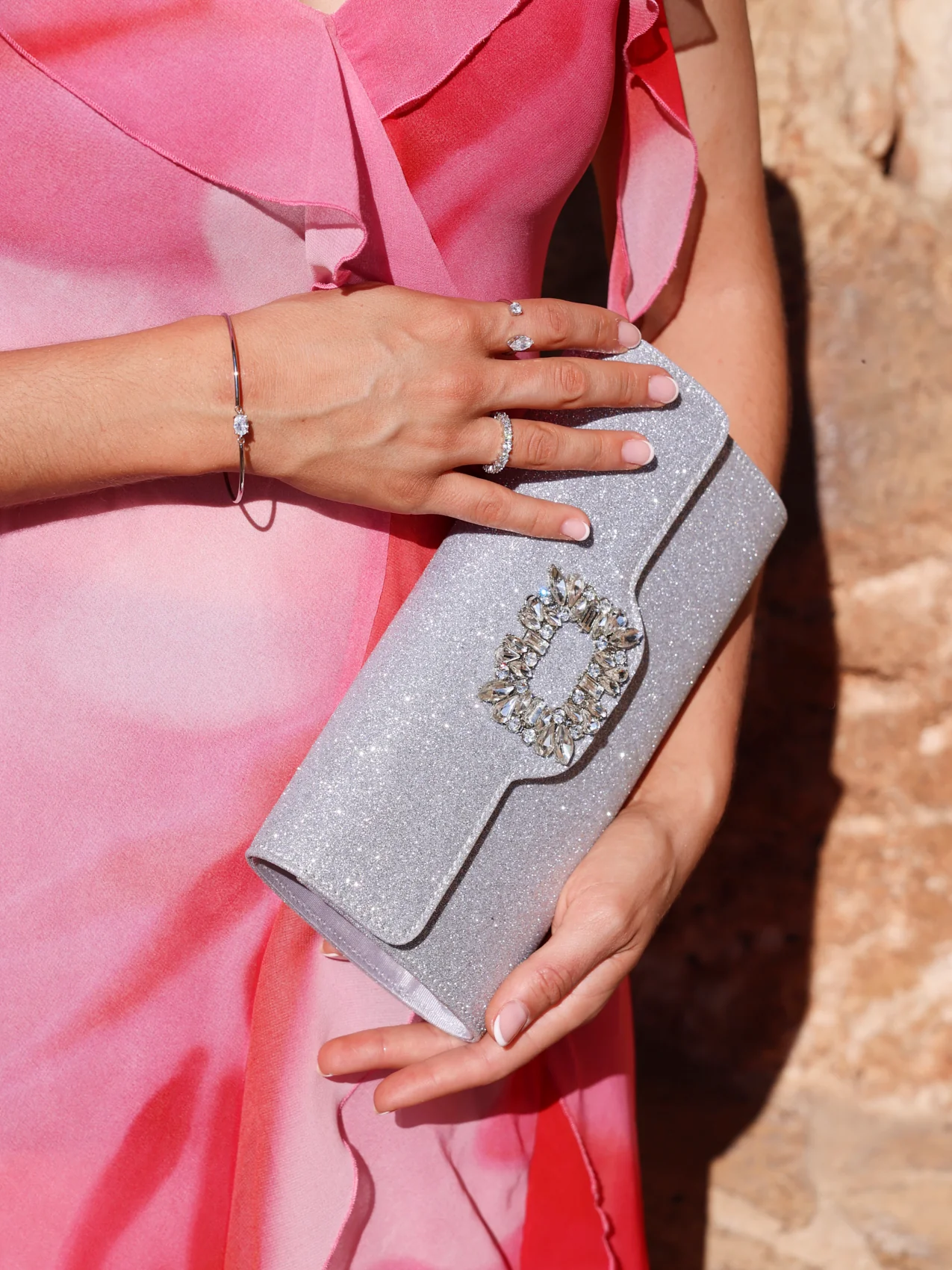 Wonder Silver Satin Diamante Clutch Bag - Image 5