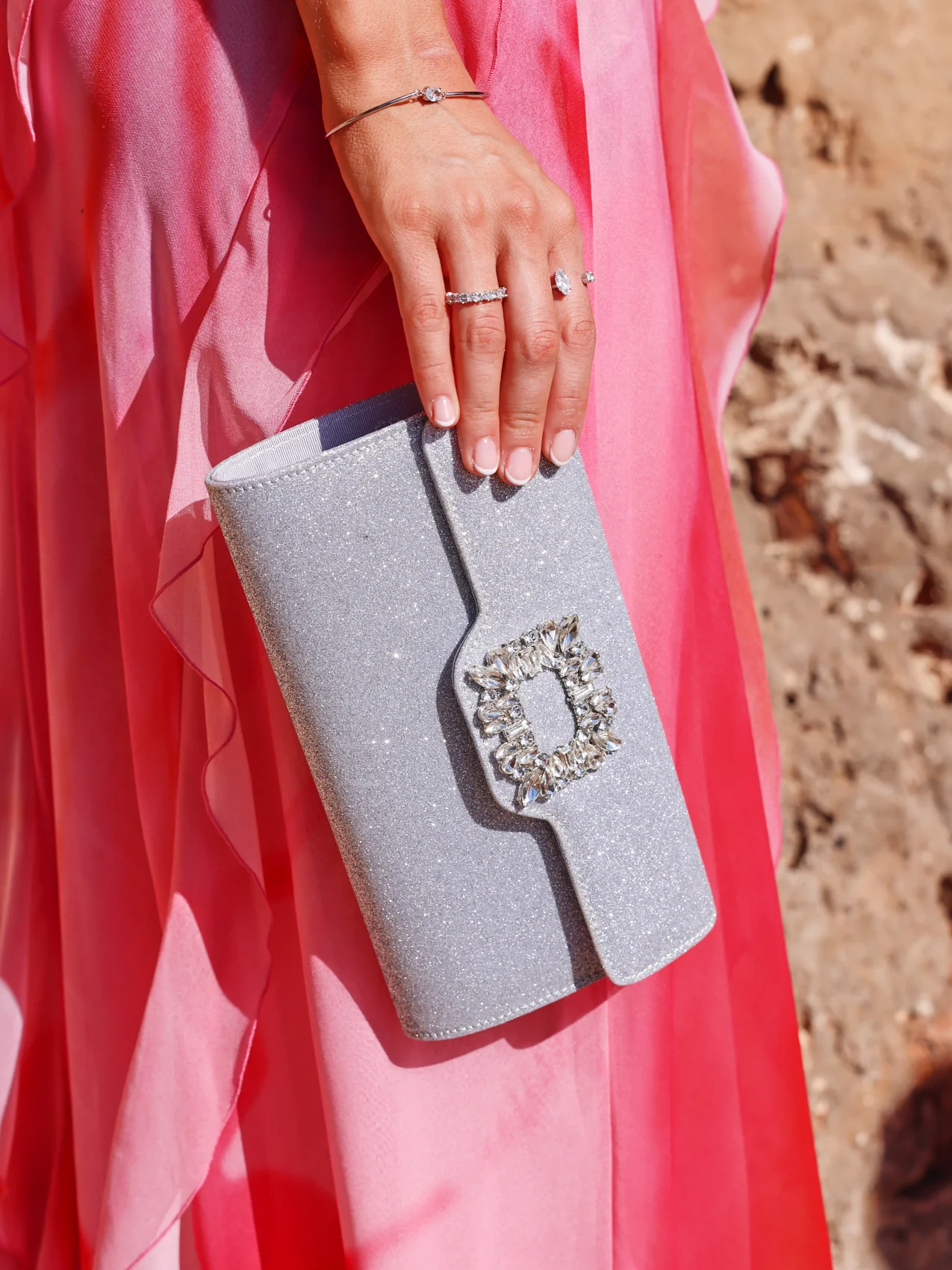 Wonder Silver Satin Diamante Clutch Bag - Image 6